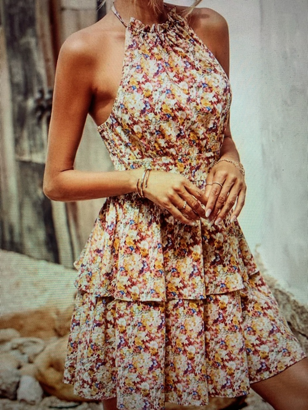 Floral Halter Tiered Mini Dress in Yellow